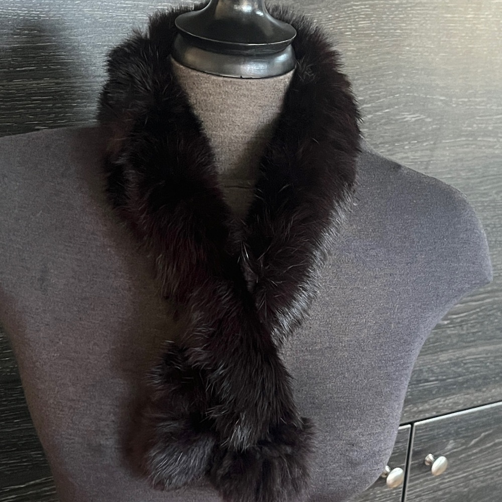 Deep Rich Brown Rabbit Fur Scarf Pom Poms Feed Through Fur Loops